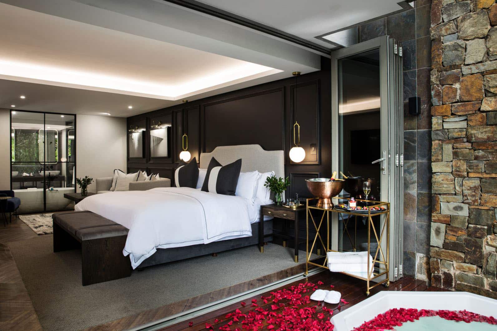 romantic hotel suit with rose petals